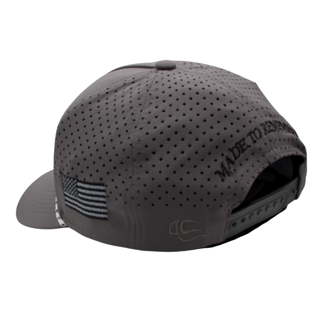 Gray Trucker Hat with Gold Logo and Decorative Band