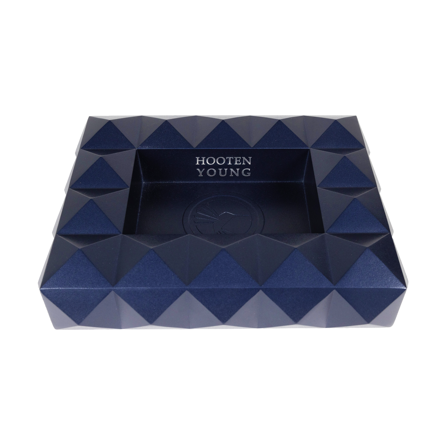 front view of Blue Quasar Ashtray showing "HOOTEN YOUNG" text