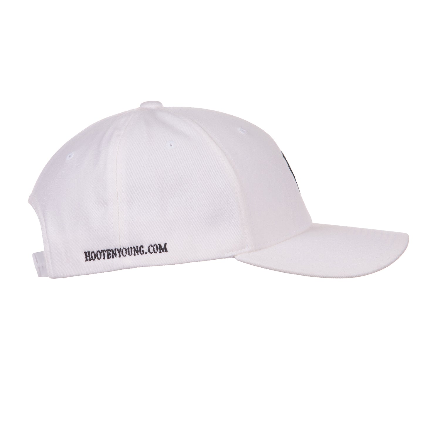 side view of white hat with "HOOTENYOUNG.COM" on side in black