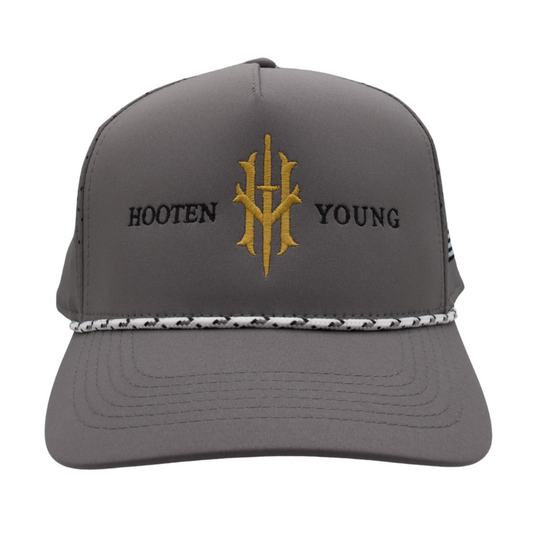 Gray Trucker Hat with Gold Logo and Decorative Band